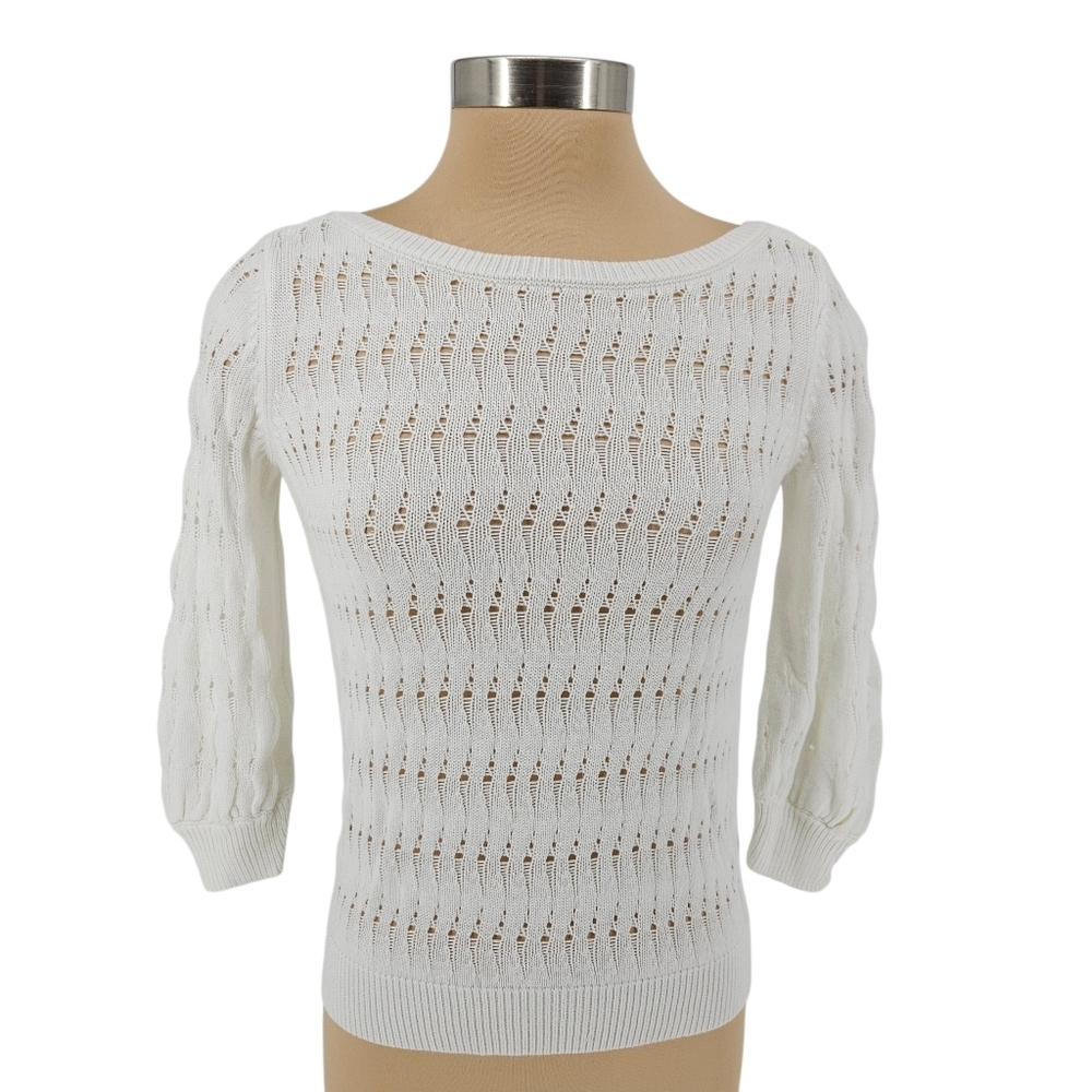 White House Black Market Sweater Sheer Knit 3/4 Sleeve Open Keyhole Back Small